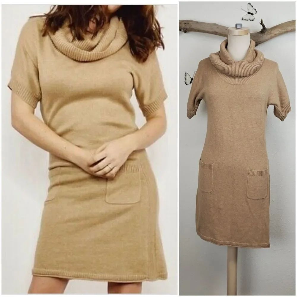 Athleta camel colored cowl neck sweater dress